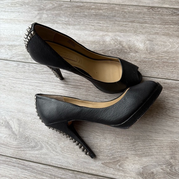 BCBGMAXAZRIA  Roxanne Black High All Leather Spikes Heel Peep Toe Rocker Pumps - Picture 1 of 15